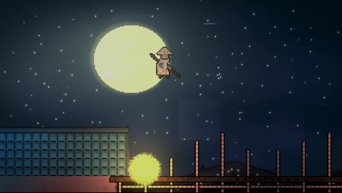 The traveler mid-leap across moonlit rooftops